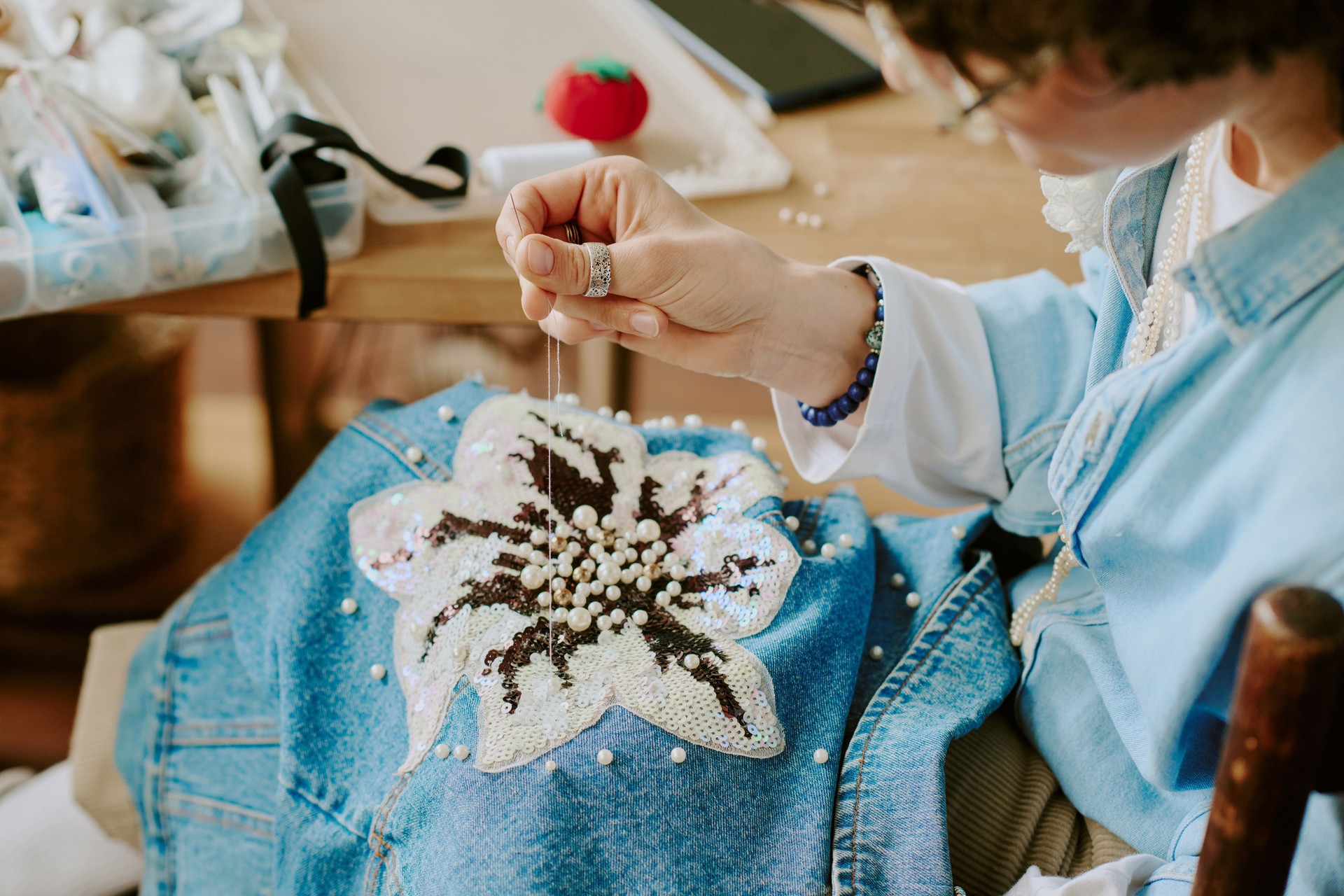 Creating Intricate Floral Embroidery on Denim Jacket
