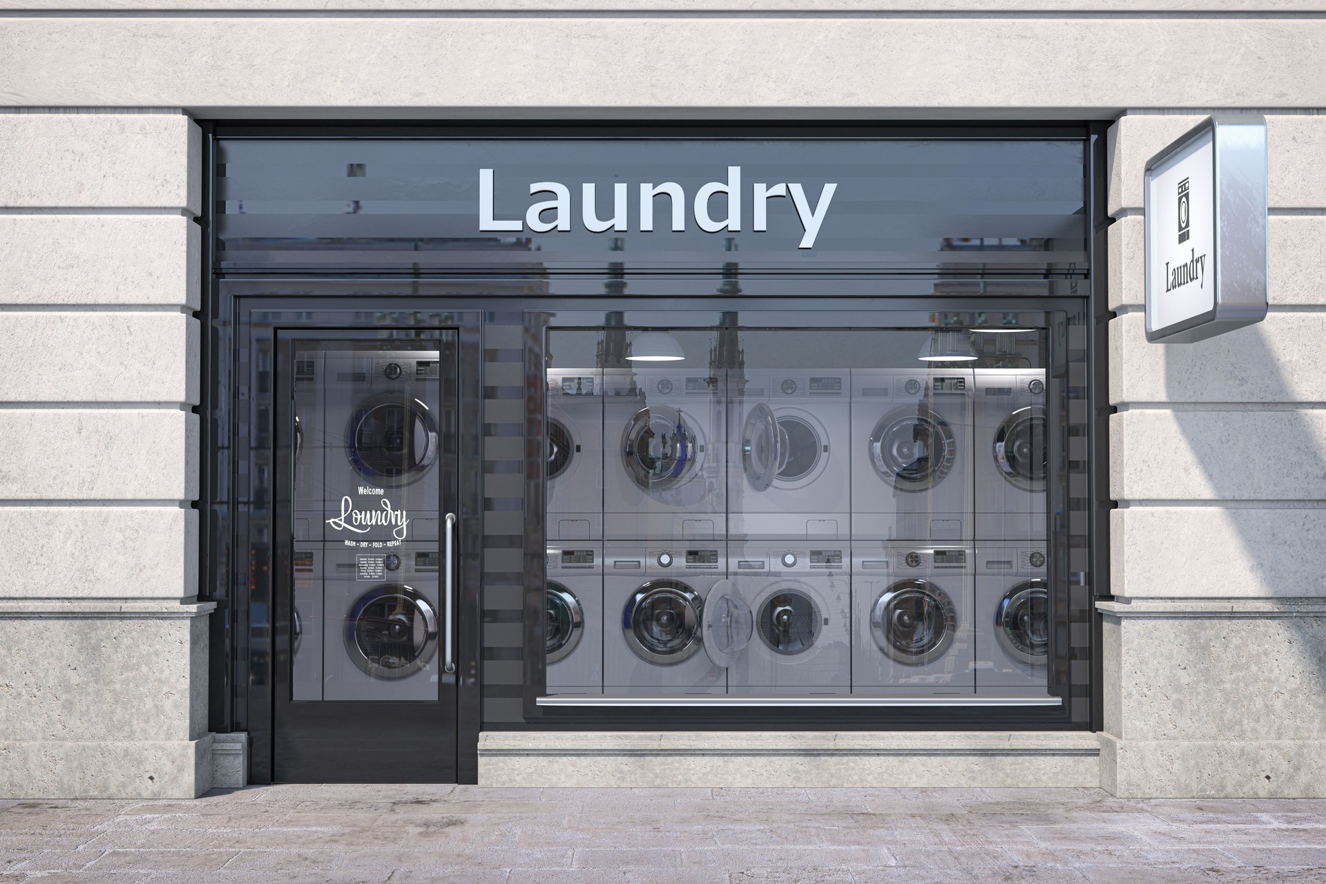 Laundry building exterior with washing machines inside it.